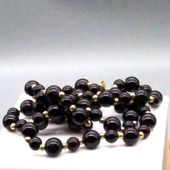 Classic Vintage Lucite Beaded Necklace, Chic Black Strand with Gold Tone Spacer - Picture 2 of 3